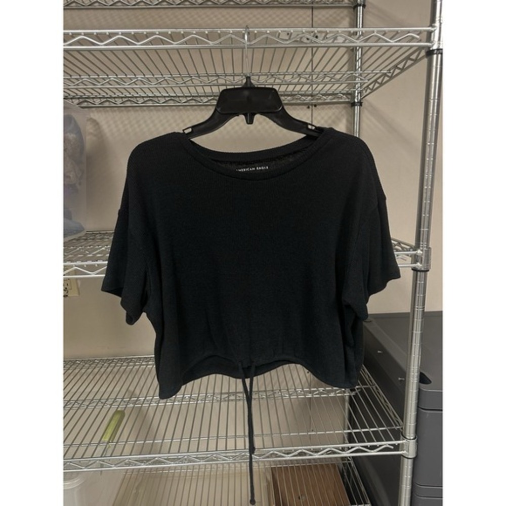 American Eagle Black Ribbed Crop‎ Top Size M Womens Relaxed Drawstring Shirt
